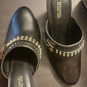 Michael Kors Kara Mule Studded Faux Leather Clog Heel Shoe Black/Gold 8 NIB $195